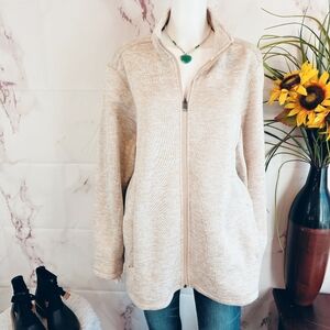 Lands End Zip Front Fleece Knit Beige Zip-Up Jacket Cabin Mountains